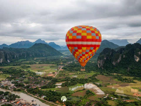 Sunset City View Hot Air Balloon Over Vang Vieng Sunset City View Hot Air Balloon Over Vang Vieng